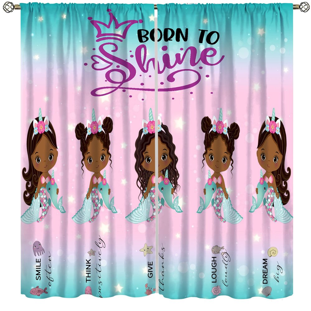 African American Kids Curtains,Afro Black Girl Window Treatments for Bedroom, Cute Girl Mermaid Green Curtains 2 Panel Sets,63x72 Inch