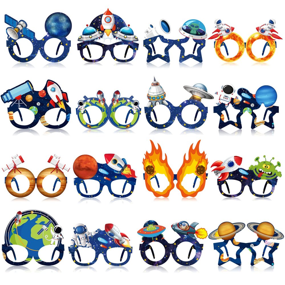 Ireer 32 Pcs Space Party Favors Space Party Paper Eyeglasses Astronaut Solar Paper Glasses Supplies Birthday Photo Booth Props Planet Birthday Supplies Decorations