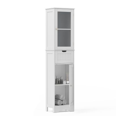LOKO 67 Tall Bathroom Storage Cabinet with 2 Doors & 1 Drawer, Modern Floor Cabinet with Adjustable Shelves & Frosted Glass Door, Narrow Linen Tower Cabinet for Bathroom Living Room (White)