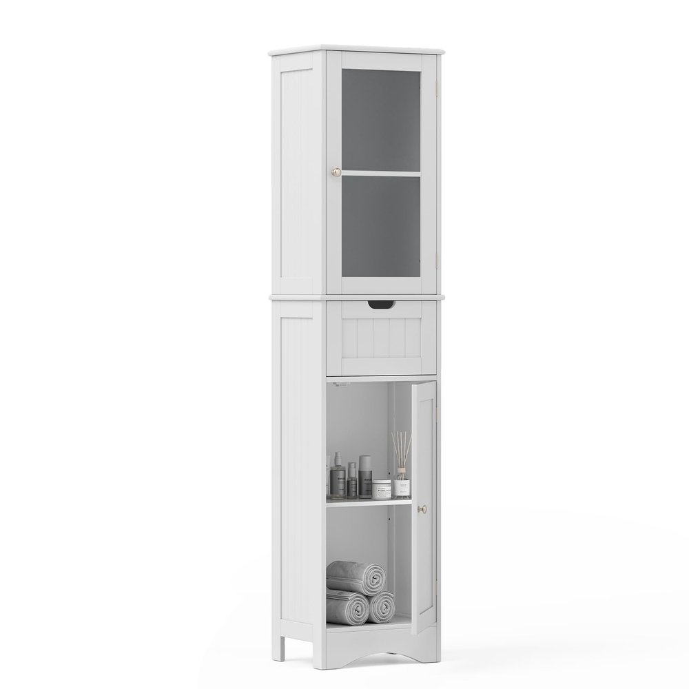 LOKO 67 Tall Bathroom Storage Cabinet with 2 Doors & 1 Drawer, Modern Floor Cabinet with Adjustable Shelves & Frosted Glass Door, Narrow Linen Tower Cabinet for Bathroom Living Room (White)