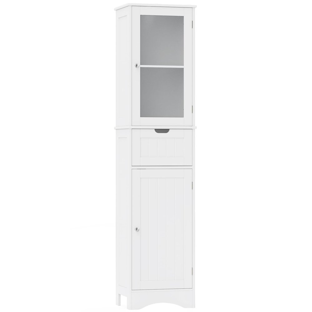 Giantex Freestanding Bathroom Storage Cabinet - 67 Tall Slim Pantry Cabinet with 2 Adjustable Shelves, 2 Doors, 1 Drawer, Anti-Slip Foot Pads, Narrow Floor Cabinet for Bathroom, Living Room (White)