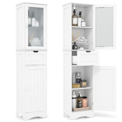 Tangkula 67" Tall Bathroom Storage Cabinet, Slim Freestanding Tower w/ 2 Doors & 1 Drawer, Narrow Floor Cabinet w/Adjustable Shelves & Tempered Glass Door for Bathroom Living Room (White)