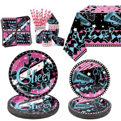 Cheerleading Party Decorations - Gymnastics Party Cheer Part Plates Tableware, Including Plates, Cups, Napkins, Tablecloth, Straw for Cheerleading Birthday Party Supplies, Serves 20