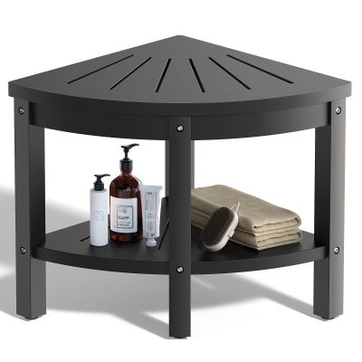 ACUEL 17.7" Shower Stool for Inside Shower, Poly Lumber Corner Shower Bench with Storage Shelf & Adjustable Height Legs, 400LBS Shower Seat, Foot Rest for Shaving Legs, Indoor/Outdoor Use (Black)