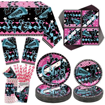 Cheerleading Party Decorations - Gymnastics Party Cheer Part Plates Tableware, Including Plates, Cups, Napkins, Tablecloth, Straw for Cheerleading Birthday Party Supplies, Serves 40