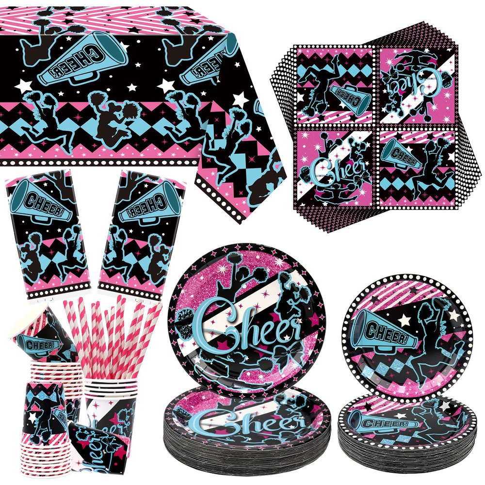 Cheerleading Party Decorations - Gymnastics Party Cheer Part Plates Tableware, Including Plates, Cups, Napkins, Tablecloth, Straw for Cheerleading Birthday Party Supplies, Serves 40