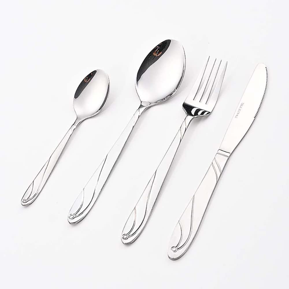 24-Piece Set of Embossing Cutlery Set Kitchen Silverware Tableware Main Stainless Steel Knife and Fork Spoon Commercial Steak Coffee Western Tableware (Silver)