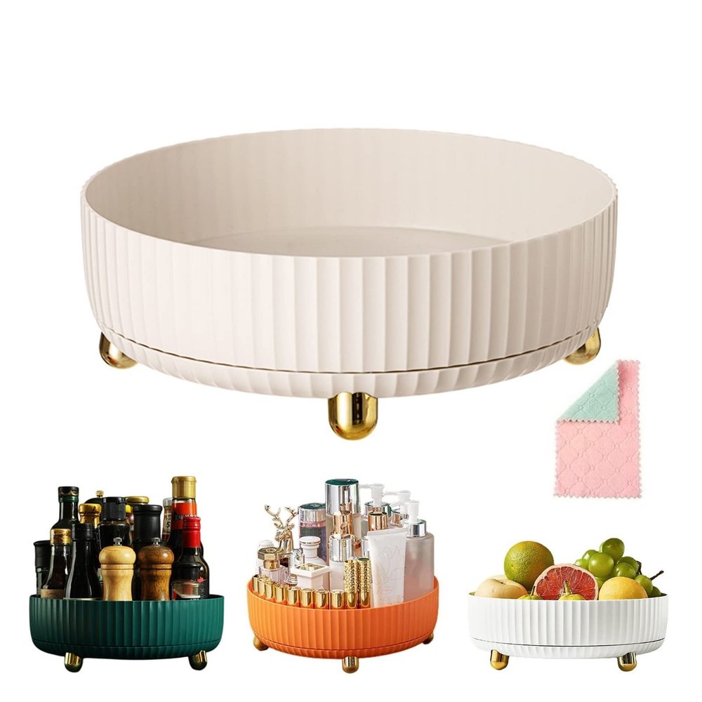 2023 New Rotating Storage Rack with Cleaning Cloth, 360 Spinning Spice Rack, Makeup Organizer Spinning, Spinning Spice Rack Organizer for Cabinet, Kitchen Must Haves (C2-White/11.02*11.02*3.94in)