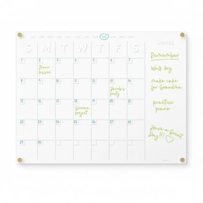Magnetic Acrylic Month/Side Note Calendar for Fridge, Wet/Dry-Erase Board for Refrigerator, Includes Magnetic Wet-Erase Marker, Optional Color Marker Set