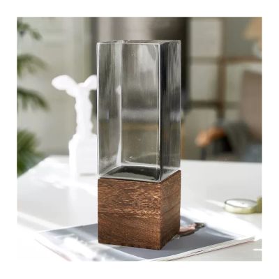 DYPASA Dry Flower Arrangement Simple Wooden Base Vase Hydroponic Flower Arrangement Dry Flower Vase Vintage Glass Vase Decoration Living Room Table Tea Table Decoration Flower Vase (Size : D)