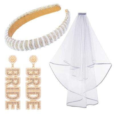 Hanaive 3 Pcs Bachelorette Party Decorations Bride Headband & Wedding Veil & Rhinestone Bride Earrings, for Women Bridal Shower Gifts Bachelorette Party Supplies Favors Accessories