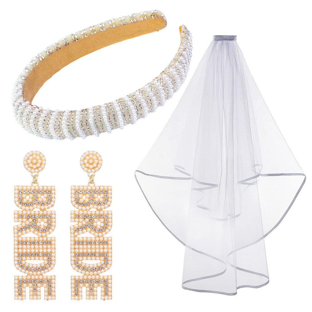 Hanaive 3 Pcs Bachelorette Party Decorations Bride Headband & Wedding Veil & Rhinestone Bride Earrings, for Women Bridal Shower Gifts Bachelorette Party Supplies Favors Accessories