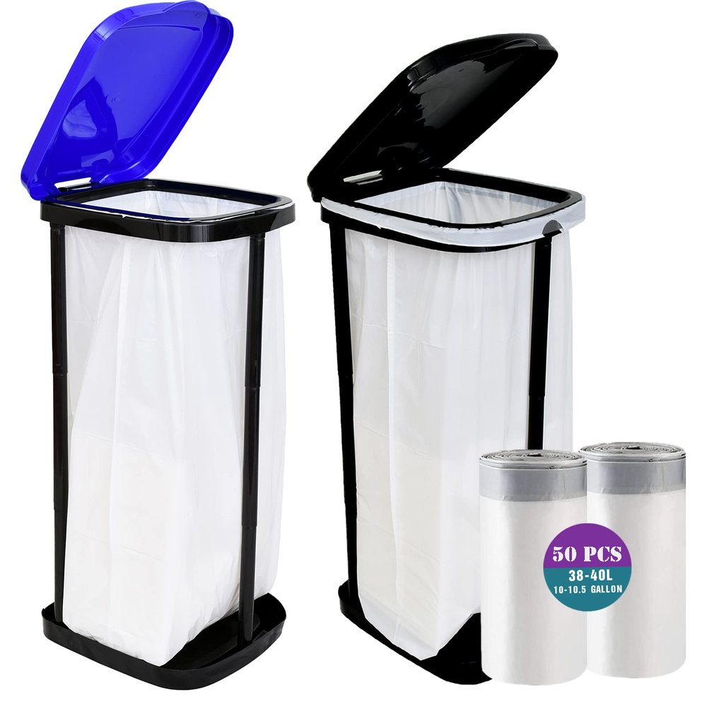 AngeLvet 2PCS Portable Trash Bag Holder Collapsible Trash can with 50 PCS Drawstring Trash Bags | Expandable Outdoor Waste Bins Camping Accessories for Indoor Outdoor RV Picnic Kitchen | Blue & Black