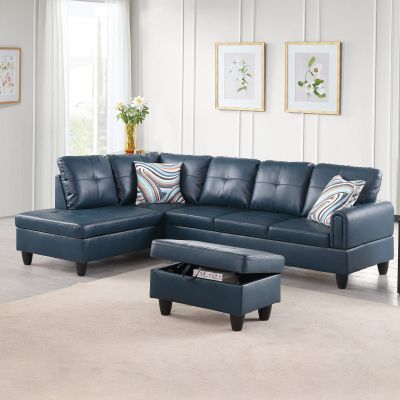 Sectional Sofa Set Faux Leather Couch, L Shape Couch for Living Room, Sectional Couch Living Room Furniture Set with Ottoman (Left Hand Facing, Denim)
