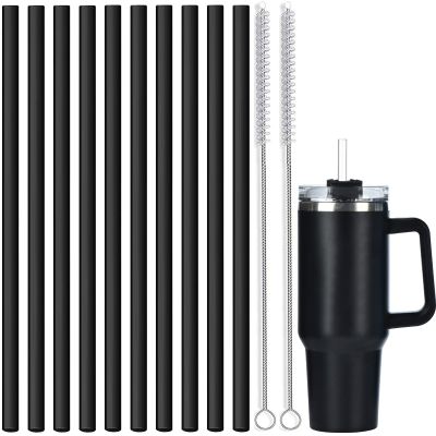 ALINK 10 Pack Silicone Replacement Straws for Stanley 40 oz 30 oz Tumbler, 12 in Long Reusable Plastic Black Straws for Stanley Cup Accessories, Half Gallon Jug, Plus 2 Cleaning Brush