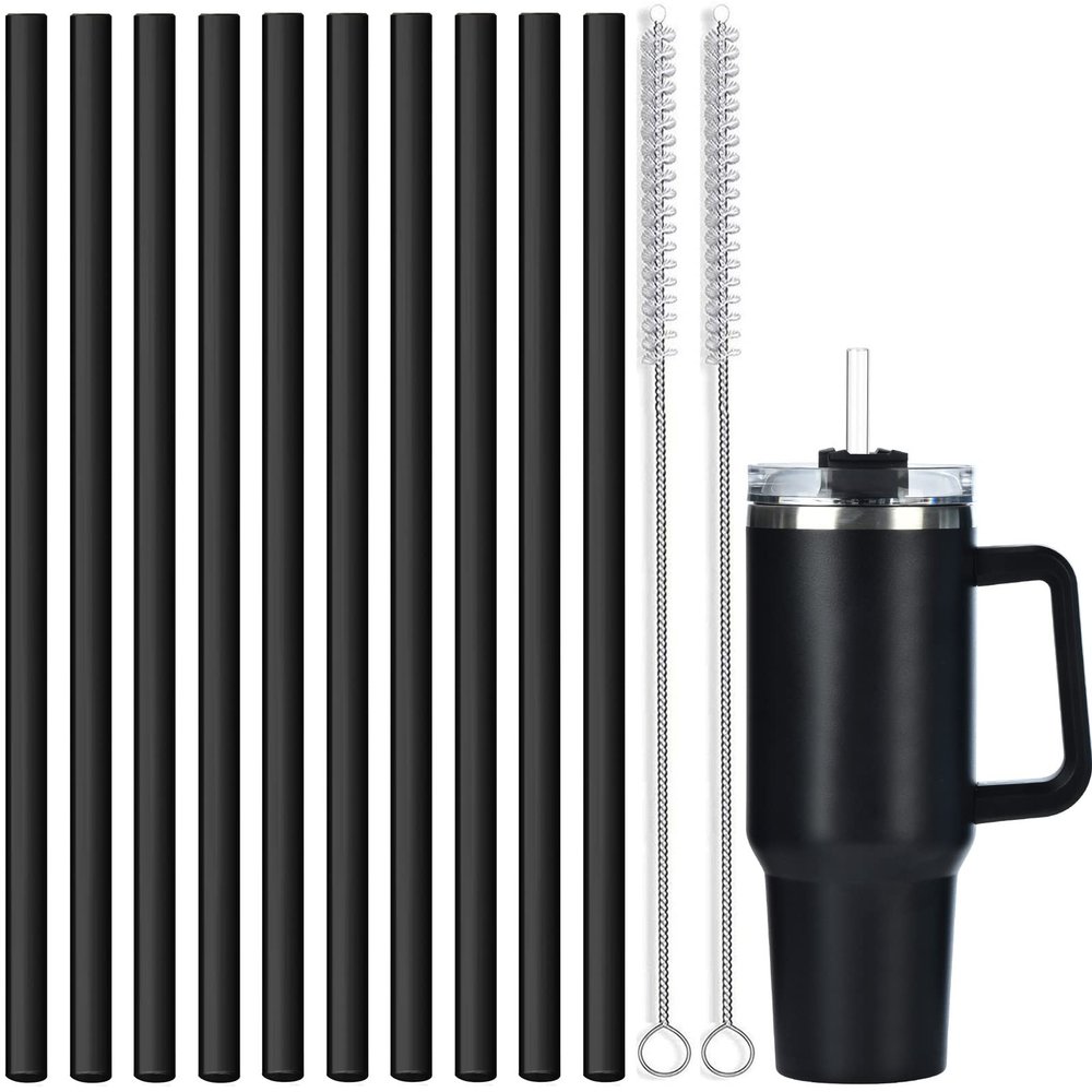 ALINK 10 Pack Silicone Replacement Straws for Stanley 40 oz 30 oz Tumbler, 12 in Long Reusable Plastic Black Straws for Stanley Cup Accessories, Half Gallon Jug, Plus 2 Cleaning Brush