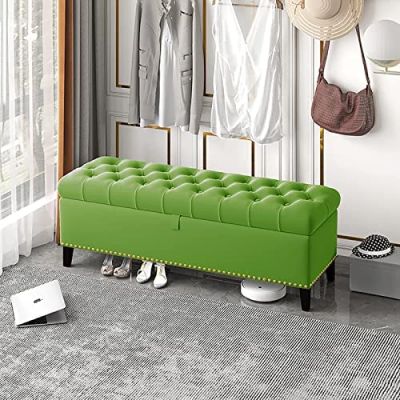 Velvet Storage Bench,Luxurious Storage Ottoman Bench End of Bed Bench,Buttons Upholstered Bench with Storage,Light Green,60X40X45Cm(24X16X18Inch)