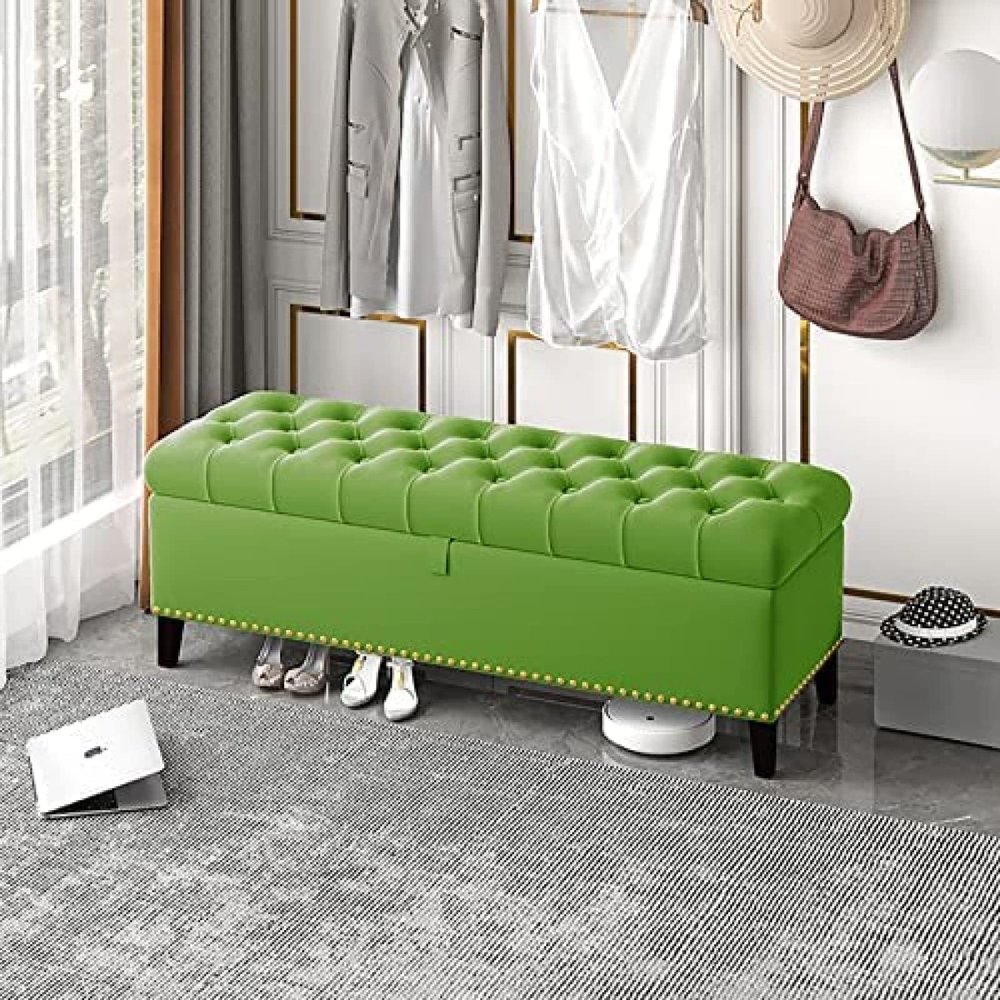 Velvet Storage Bench,Luxurious Storage Ottoman Bench End of Bed Bench,Buttons Upholstered Bench with Storage,Light Green,60X40X45Cm(24X16X18Inch)