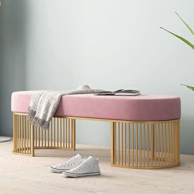 Upholstered Velvet Bench,Modern Tufted Shoe Bench,Entryway Bench with Metal Frame,Soft Shoe Storage Bench,Pink,100X45X35Cm(39X18X14Inch)