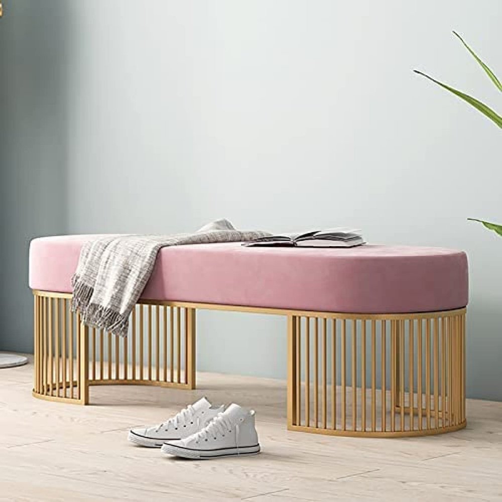 Upholstered Velvet Bench,Modern Tufted Shoe Bench,Entryway Bench with Metal Frame,Soft Shoe Storage Bench,Pink,100X45X35Cm(39X18X14Inch)