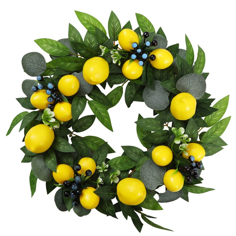Fofetbfo 17.7 Inch Artificial Lemon Wreath for Front Door Spring Summer Fruit Wreath with Yellow Lemon and Green Leaves Lemon Decor Wreath for Kitchen Wall Window Party Decor
