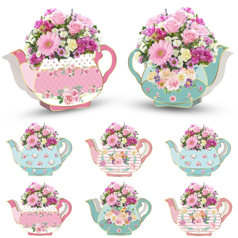 8 PCS Tea Party Decorations Floral Teapot Centerpiece Boxes for Princess Birthday Party Garden Theme Table Decor Tea Time Favors, Wedding Reception, Baby Shower, Bridal Shower Supplies