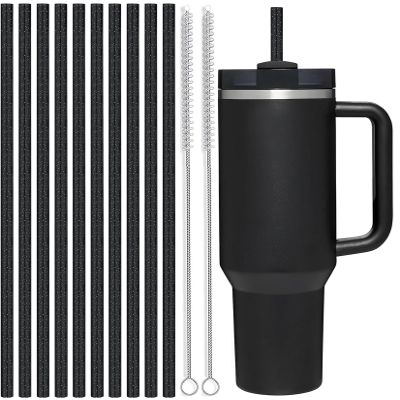 ALINK Reusable Glitter Straws for Stanley 40 oz 30 oz Tumbler, 12 in Long Hard Plastic Black Straws for Stanley, Owala 40OZ Cups, Half Gallon Bottles, Pack of 10 with 2 Brush