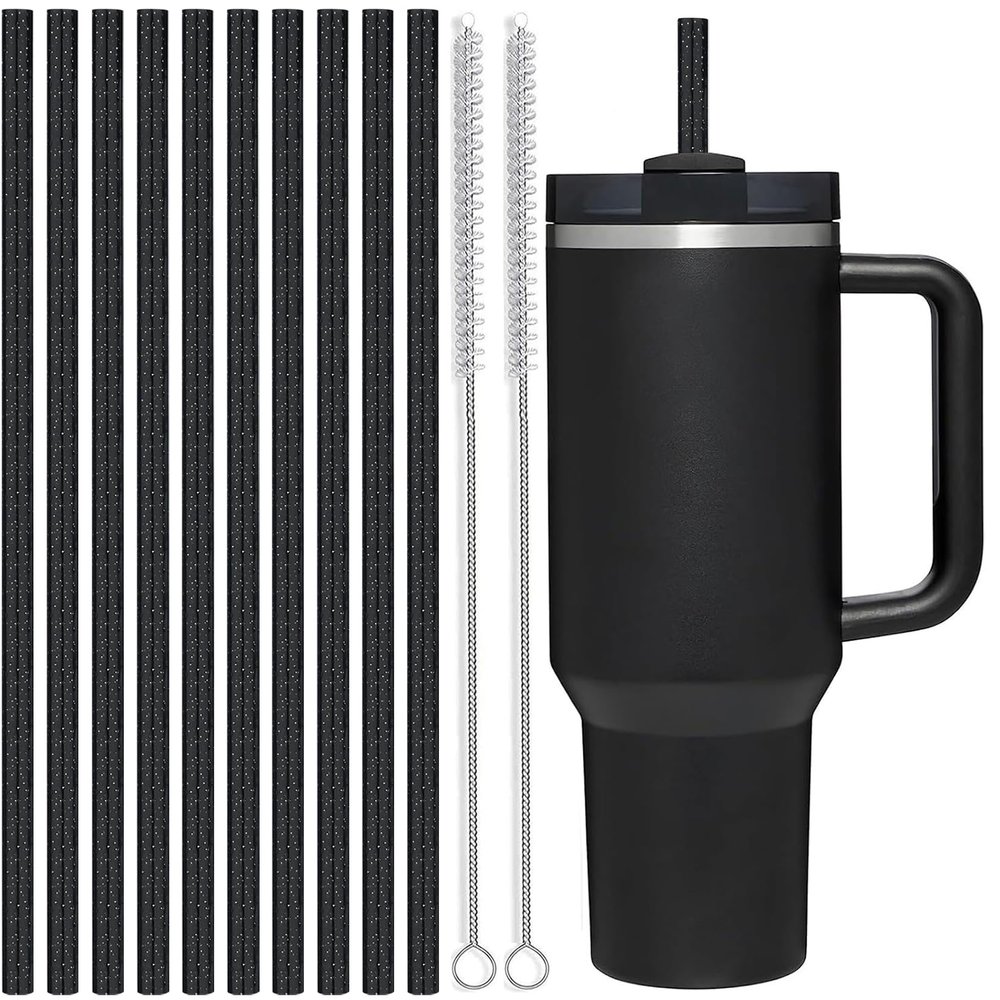 ALINK Reusable Glitter Straws for Stanley 40 oz 30 oz Tumbler, 12 in Long Hard Plastic Black Straws for Stanley, Owala 40OZ Cups, Half Gallon Bottles, Pack of 10 with 2 Brush