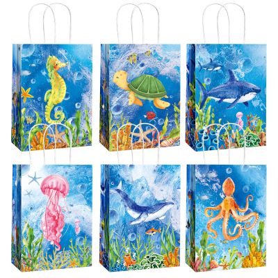 Outus 24 Pcs Sea Animals Party Gift Bags Ocean Undersea Theme Party Goodie Treat Candy Wrap Bags with Handle Colorful for Kids Girls Boys Birthday Decorations