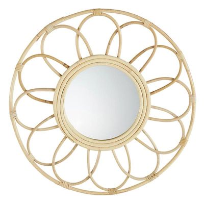 47th & Main Boho Mirror Round Woven Rattan Hanging Mirror for Wall Dcor, 20" Dia, Flower