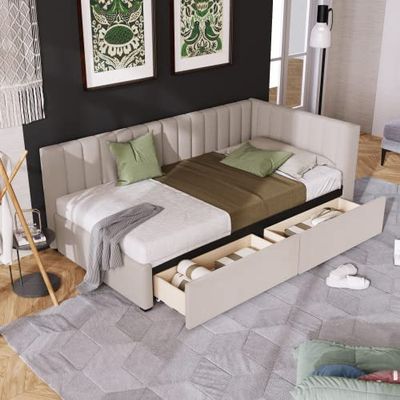Anwickmak Upholstered Daybed with 2 Storage Drawers, Twin Size Daybed with Wood Slats, Sofa Bed for Living Room Bedroom Living Room, No Box Spring Needed (Beige)