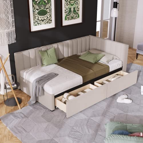 Anwickmak Upholstered Daybed with 2 Storage Drawers, Twin Size Daybed with Wood Slats, Sofa Bed for Living Room Bedroom Living Room, No Box Spring Needed (Beige)