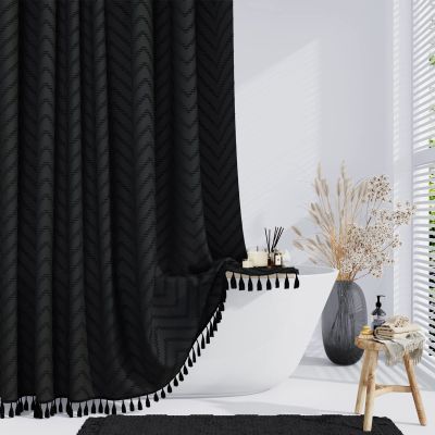 Dynamene Extra Long Shower Curtains, 84 Inches Long Boho Tufted Chevron Striped Fabric Shower Curtains for Bathroom, Tall Minimalist Chic Waterproof Cloth Shower Curtain Set with Hook, Black, 72x84