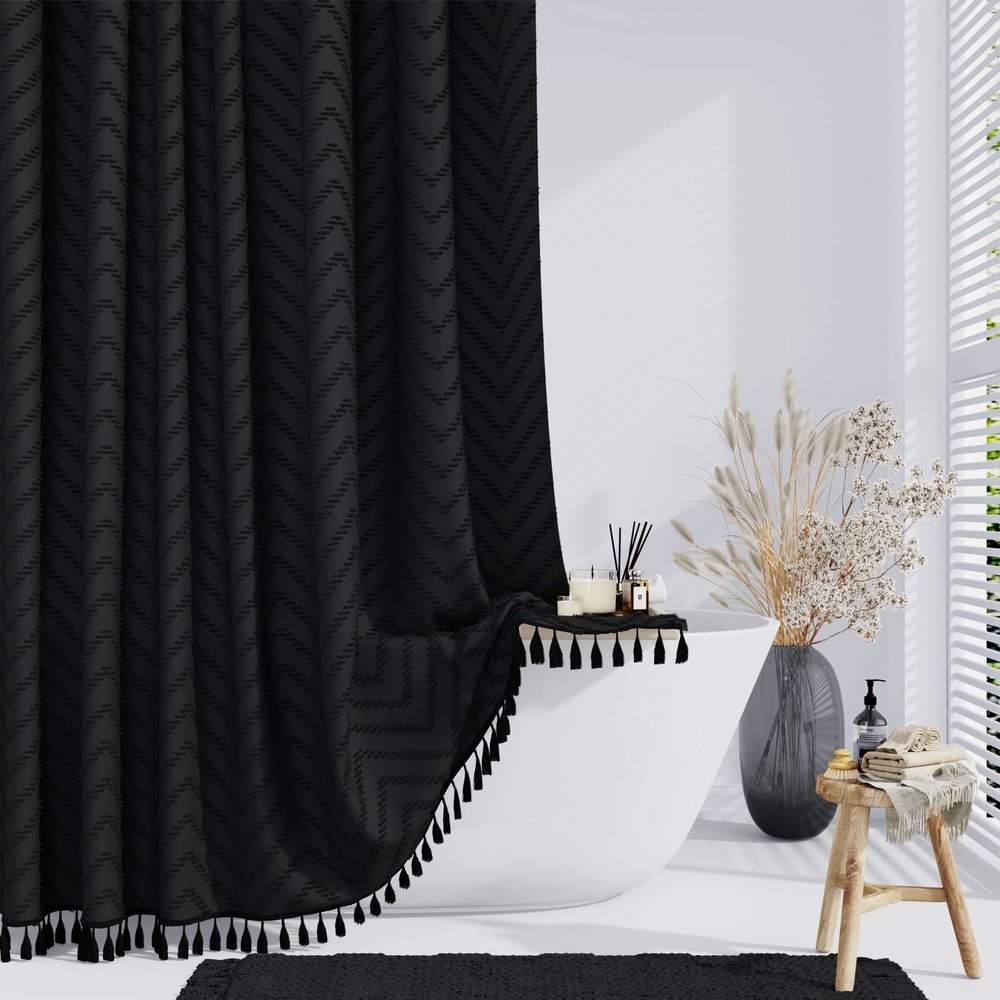 Dynamene Extra Long Shower Curtains, 84 Inches Long Boho Tufted Chevron Striped Fabric Shower Curtains for Bathroom, Tall Minimalist Chic Waterproof Cloth Shower Curtain Set with Hook, Black, 72x84