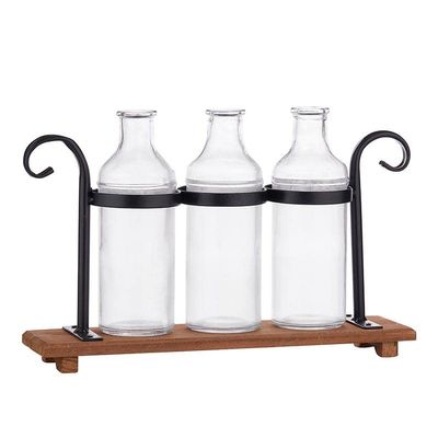 47th & Main Rustic Flower Vases in Wood Stand | Glass Vases for Home Dcor, 13" L x 3" W x 8" H, Black/Natural