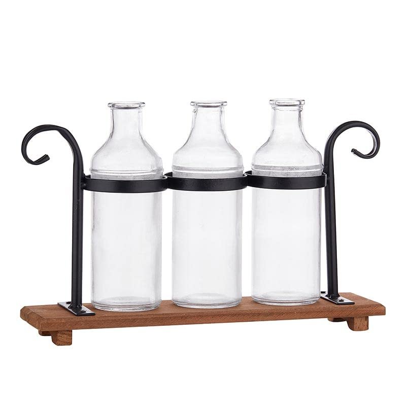 47th & Main Rustic Flower Vases in Wood Stand | Glass Vases for Home Dcor, 13" L x 3" W x 8" H, Black/Natural