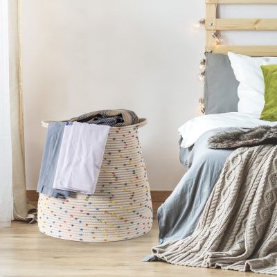Colorful Original Cotton Rope Laundry Basket, Decorative Storage Basket for Blanket, Toys, Dirty Clothes, Large Laundry Hamper with Handles for Bedroom, Bathroom and Living room