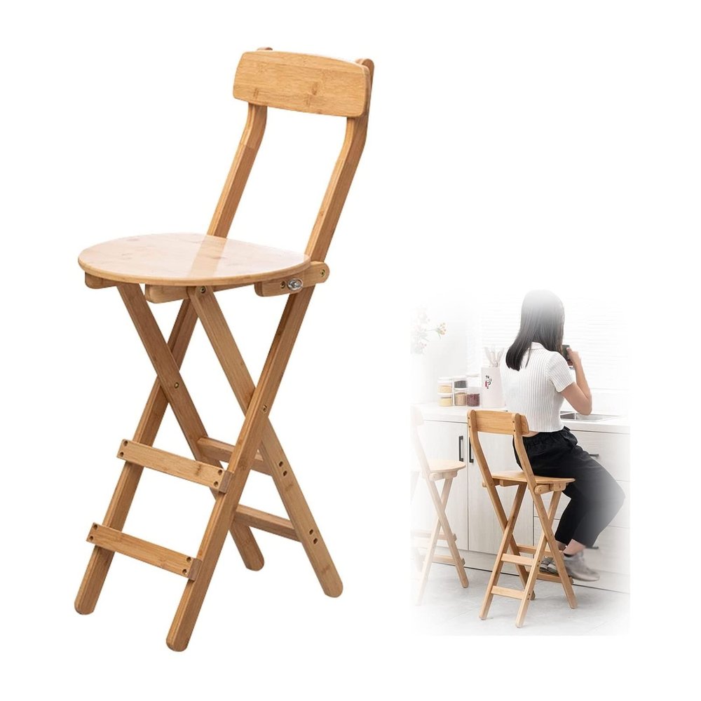 24-Inch Folding Bar Stool,Kitchen Counter Height Stools with Backrest and Footrest, Wood Folding Stool Chair for Breakfast (Color : Natural)