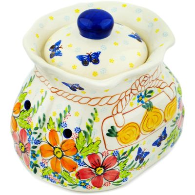 Polmedia Polish Pottery Garlic and Onion Jar UNIKAT - Retro Garden Pattern Handmade in Boleslawiec Poland + Certificate of Authenticity