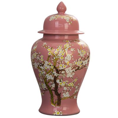 ADECQ Vases Ceramic Ginger Jar with Lid, Chinoiserie Decorative Porcelain Jars for Home, Pink Flower Vase, Glossy Vase for Table, Living Room, Mantle Fireplace, Centerpiec L