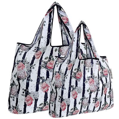 allydrew Large & Small Foldable Tote Nylon Reusable Grocery Bags, Set of 2, Rose & Stripes