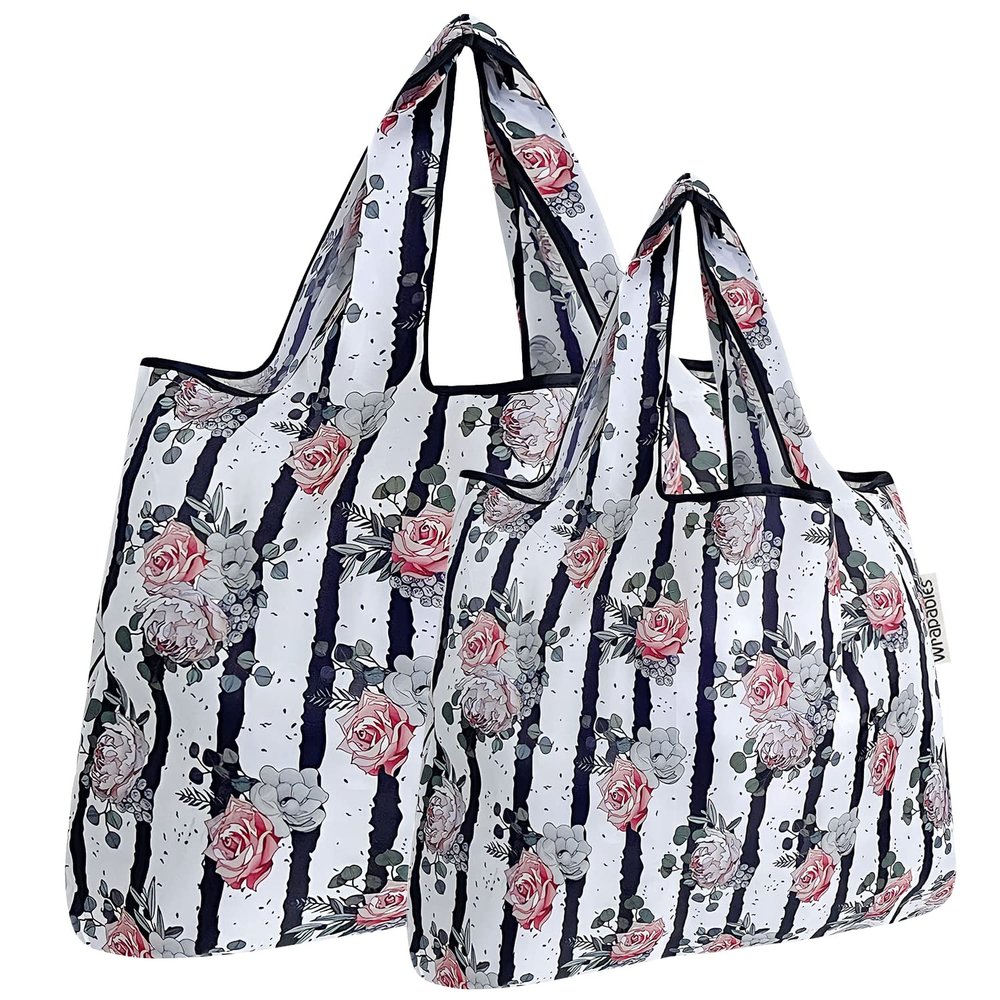 allydrew Large & Small Foldable Tote Nylon Reusable Grocery Bags, Set of 2, Rose & Stripes