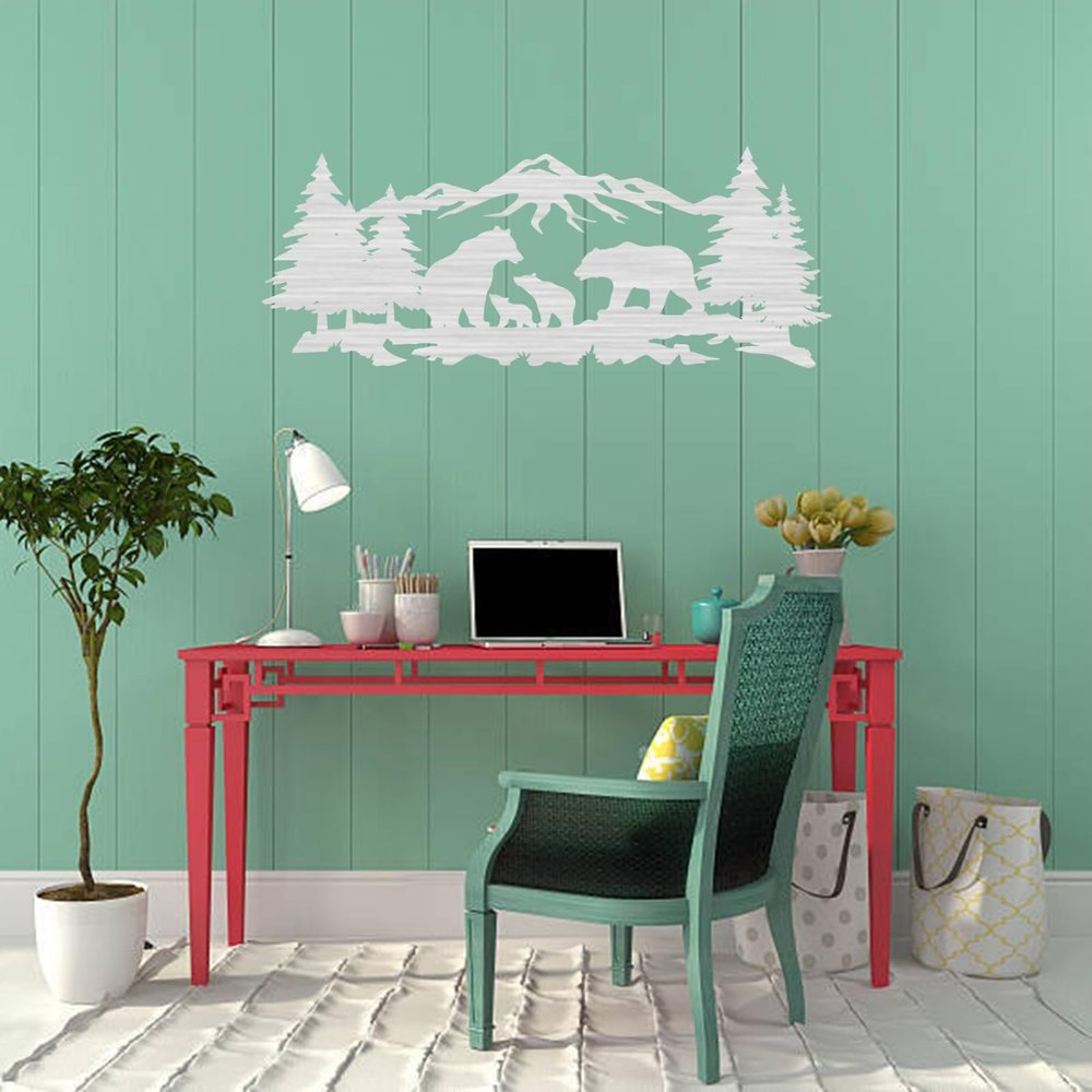 METALPLEX Mountain Bear Family Metal Wall Art  Fade-Resistant & Rust-Free Aluminum Composite Nature Wall Decor for Living Room  Bedroom & Cabin Aesthetic, Easy to Hang  Silver, 32"x13"