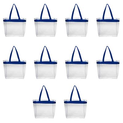 DISCOUNT PROMOS Color Handles Clear Plastic Tote Bags Set of 10, Bulk Pack - Reusable, Great for Shopping, Grocery, Beach, Picnic, Wedding Favors - Blue