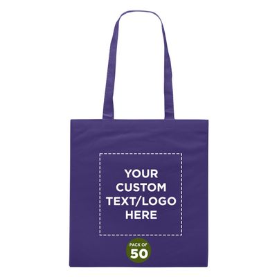 DISCOUNT PROMOS Custom Reusable Cloth Fabric Grocery Tote Bags - 50 Pack - Personalized Logo, Text - Gift Bags - Purple