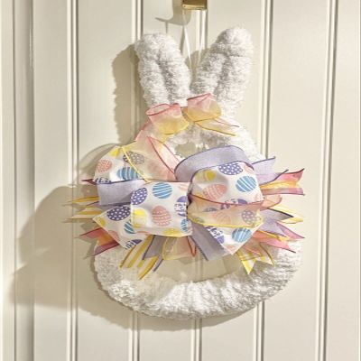 White Fluffy Yarn & Ribbon Bunny Wreath for Easter 19L