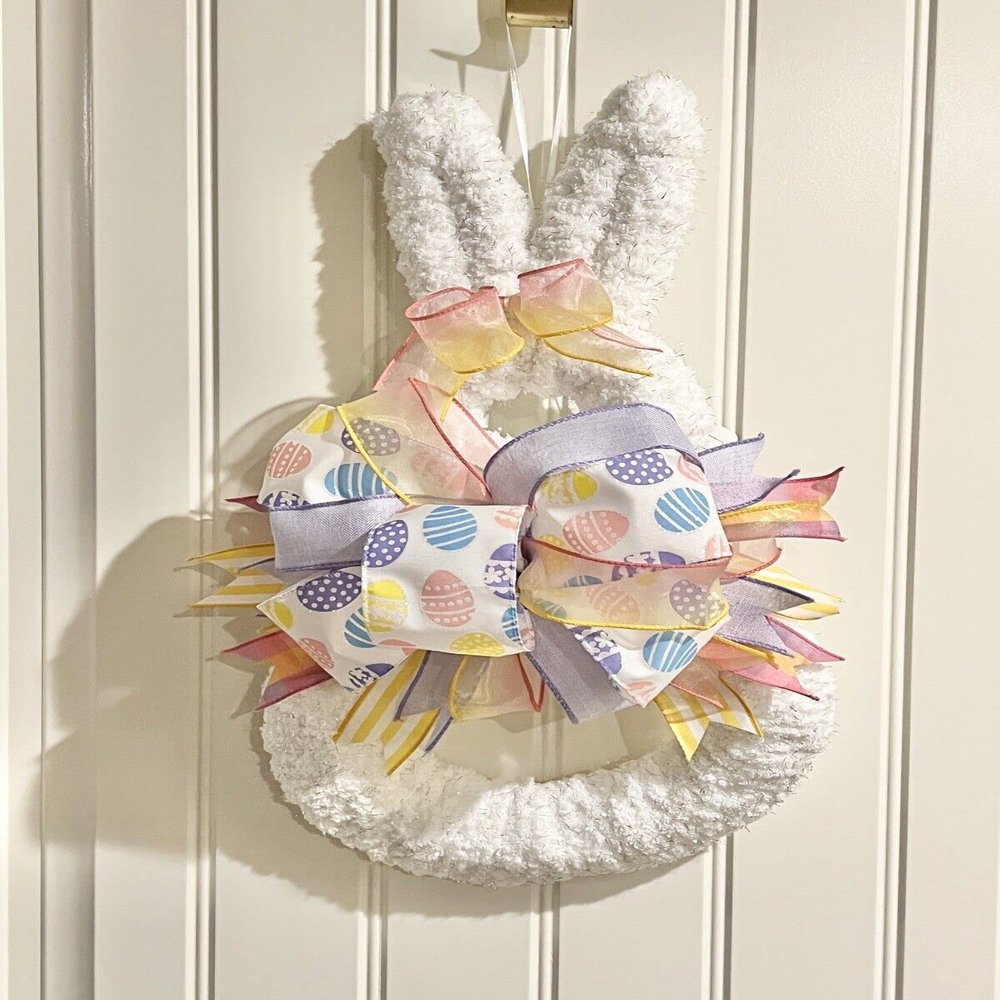 White Fluffy Yarn & Ribbon Bunny Wreath for Easter 19L