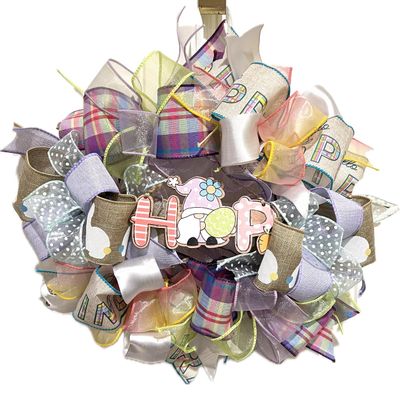 13 Easter Ribbon Wreath "HOP" Gnome & Colorful Tailed Bunny Handmade MW5