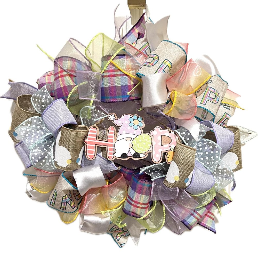 13 Easter Ribbon Wreath "HOP" Gnome & Colorful Tailed Bunny Handmade MW5