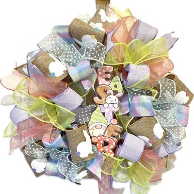 13 Ribbon Wreath "EASTER" Gnome & Colorful Tailed Bunny Handmade MW9